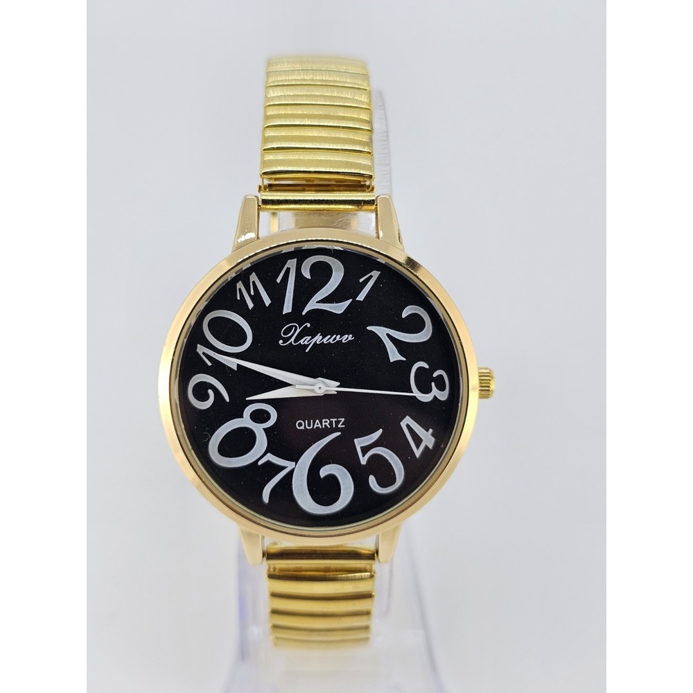 Women's Easy Read Watch 38MM Black Dial Gold Stretch Band 6.5" NEW‎ Battery